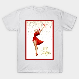 Christmas Pin-Up In Red Dress and Santa Hat T-Shirt